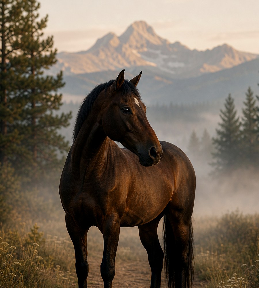 A Blue Hors breeding horse in a mountain landscape
