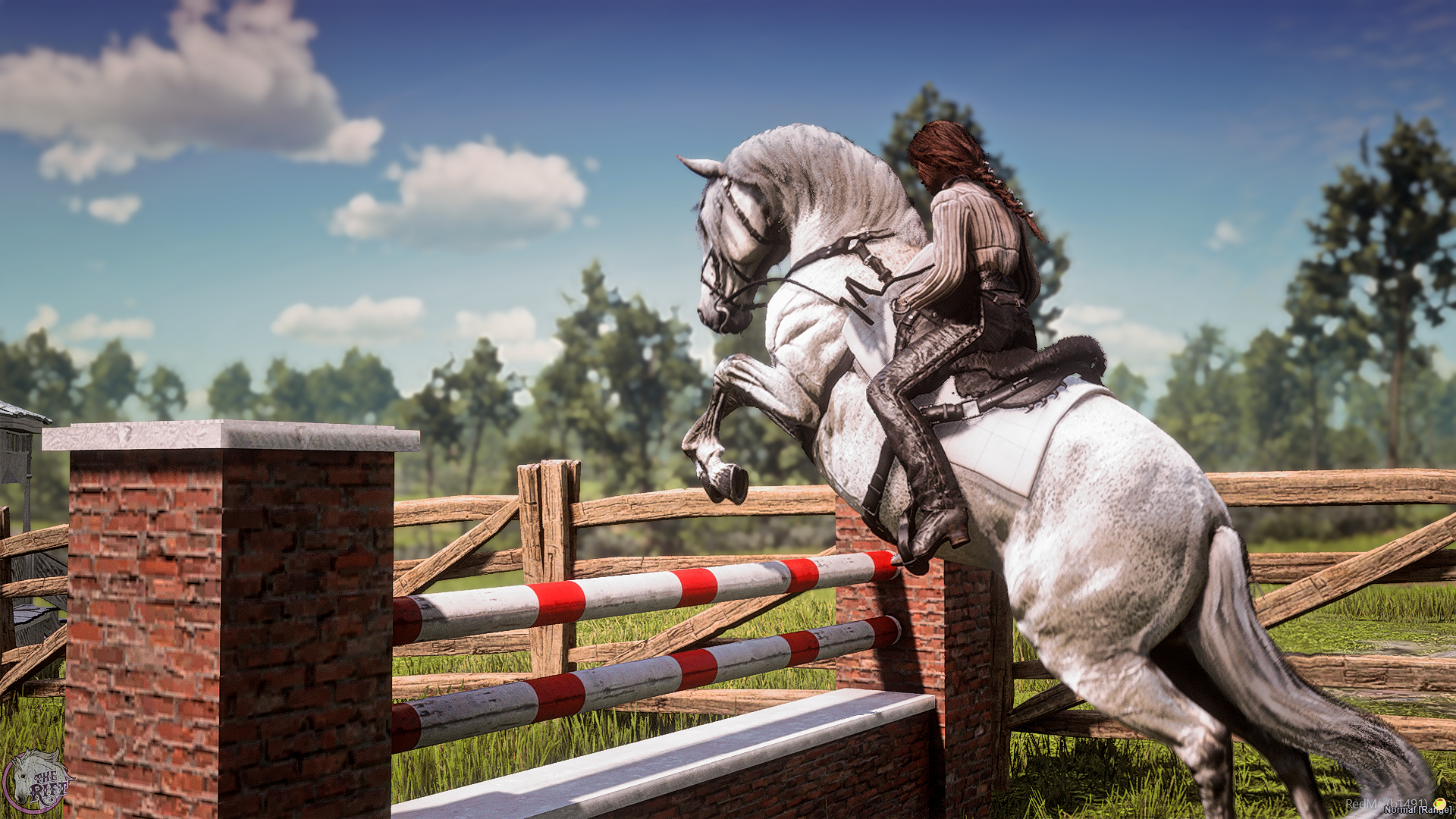 A Blue Hors rider training a grey horse over a jump